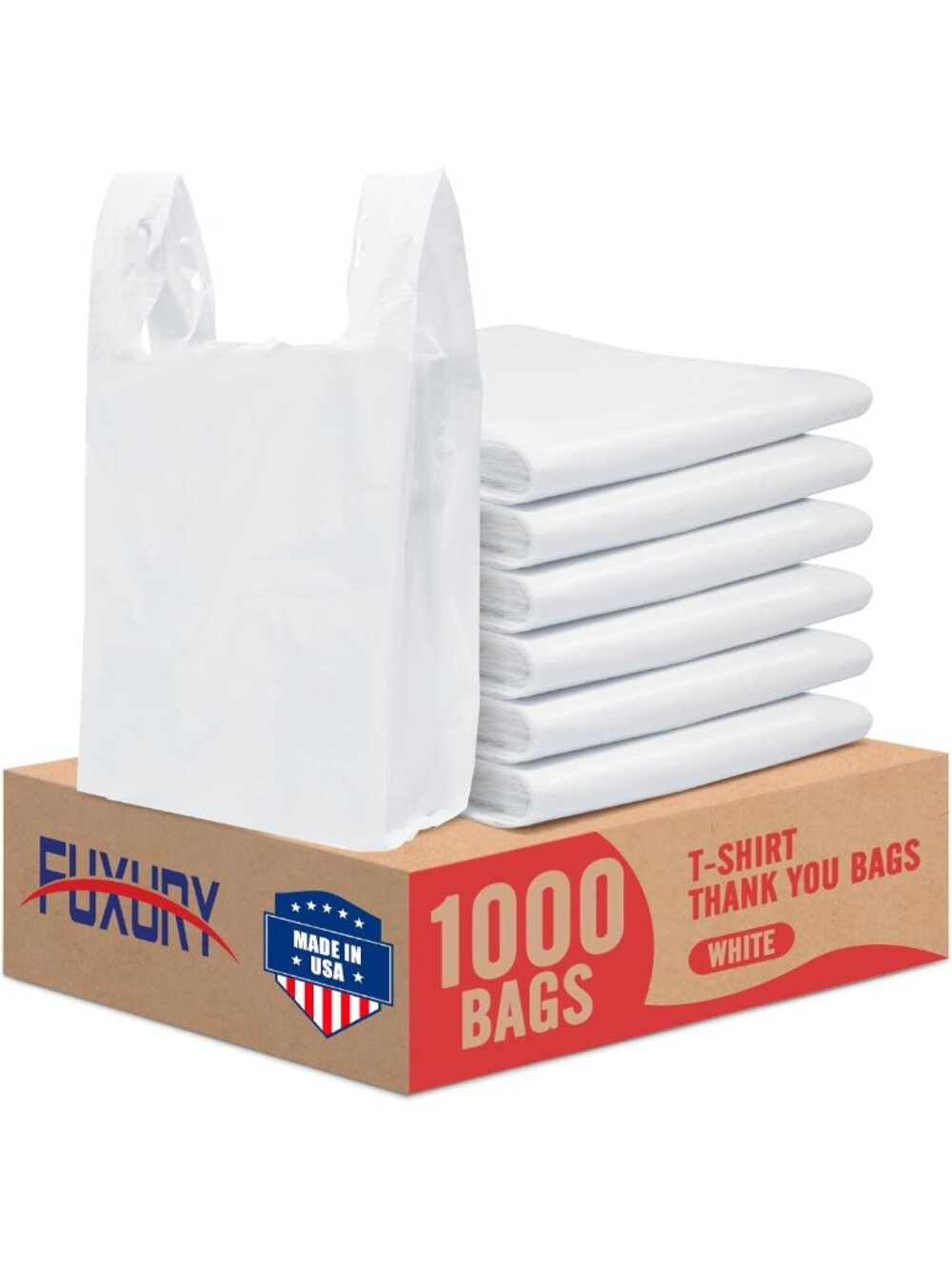 1000 Pack White Plastic T-Shirt Bags with Handles for Retail, Grocery & Trash